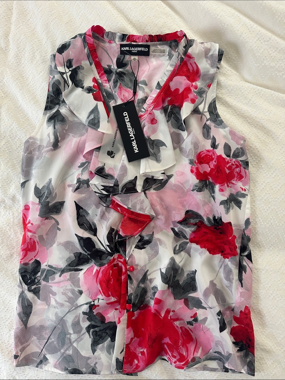 Karl Lagerfeld White Floral Sleeveless Ruffle Blouse with Red & Gray Accents